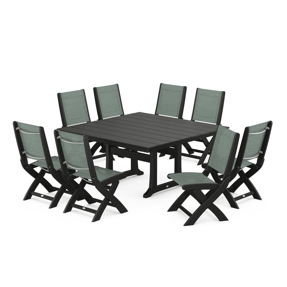 POLYWOOD® Outdoor Furniture Black / Dupioni Sea Mist Sling POLYWOOD® - Coastal Folding Side Chair 9-Piece Farmhouse Dining Set - PWS1287