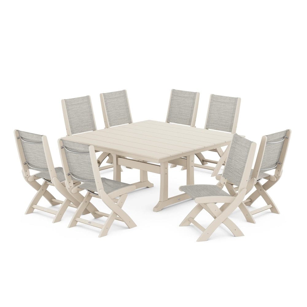 POLYWOOD® Outdoor Furniture Sand / Birch Sling POLYWOOD® - Coastal Folding Side Chair 9-Piece Farmhouse Dining Set - PWS1287