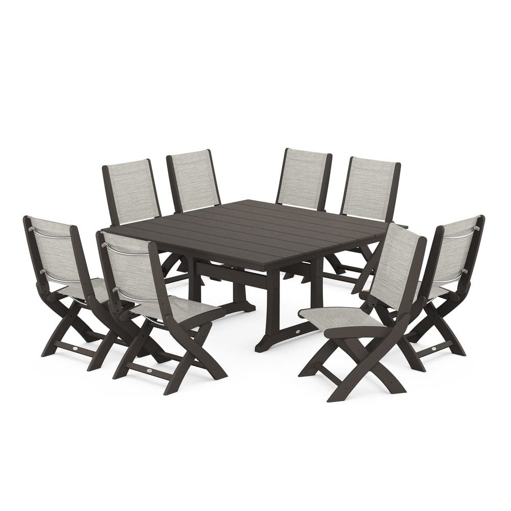 POLYWOOD® Outdoor Furniture Vintage Coffee / Birch Sling POLYWOOD® - Coastal Folding Side Chair 9-Piece Farmhouse Dining Set - PWS1287