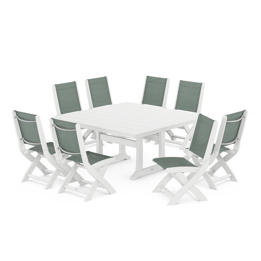POLYWOOD® Outdoor Furniture White / Dupioni Sea Mist Sling POLYWOOD® - Coastal Folding Side Chair 9-Piece Farmhouse Dining Set - PWS1287