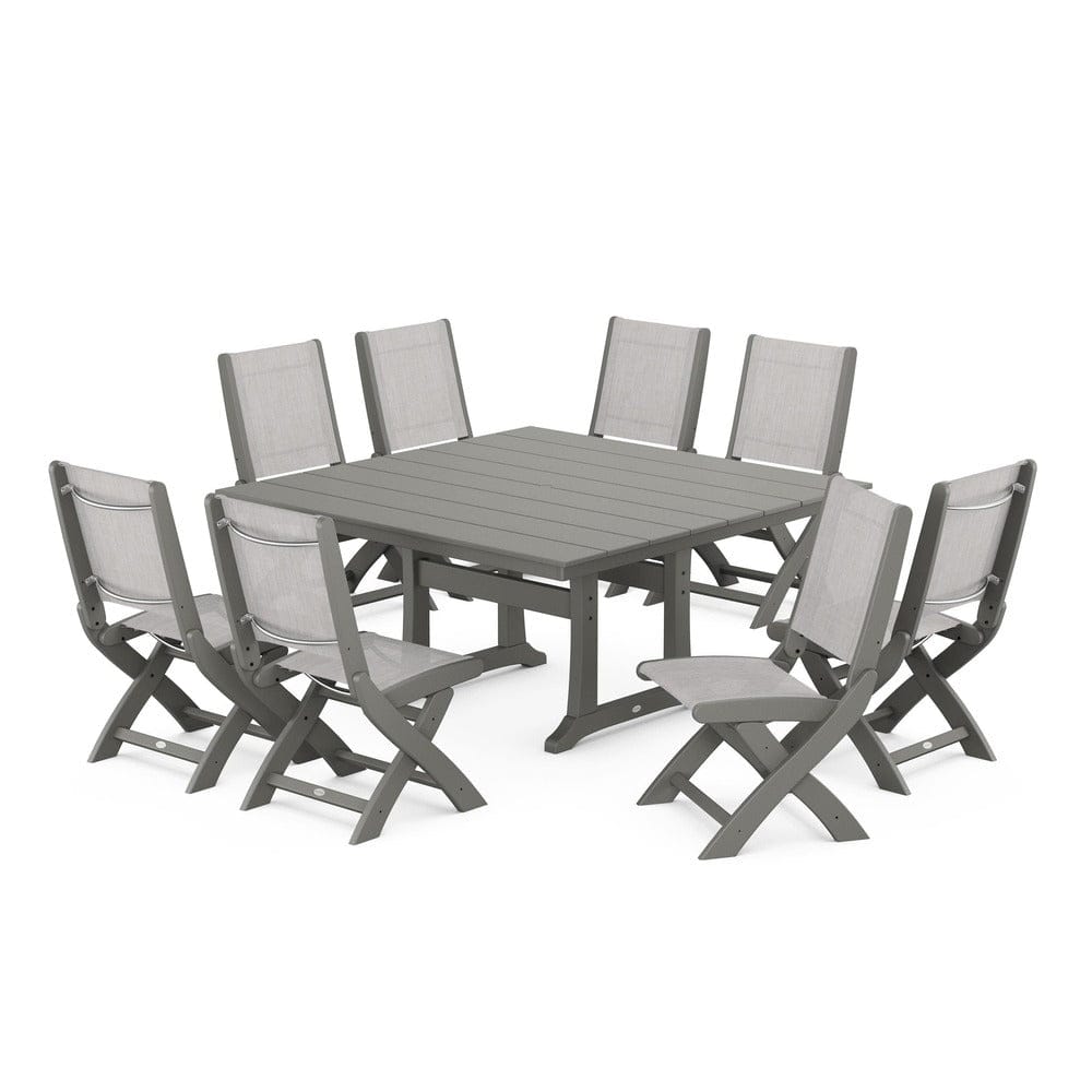 POLYWOOD® Outdoor Furniture Slate Grey / Parchment Sling POLYWOOD® - Coastal Folding Side Chair 9-Piece Farmhouse Dining Set - PWS1287