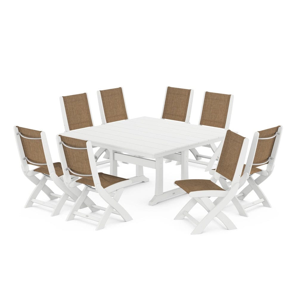 POLYWOOD® Outdoor Furniture White / Burlap Sling POLYWOOD® - Coastal Folding Side Chair 9-Piece Farmhouse Dining Set - PWS1287
