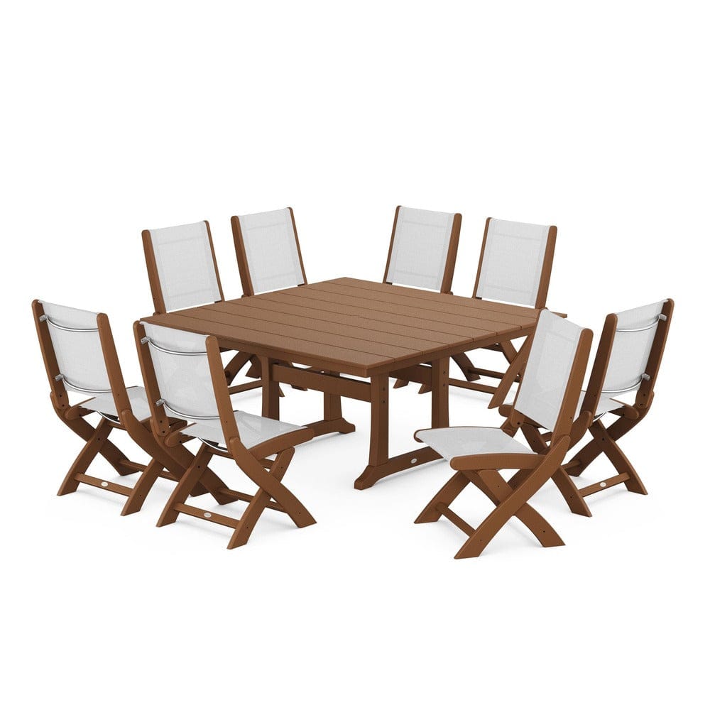 POLYWOOD® Outdoor Furniture Teak / White Sling POLYWOOD® - Coastal Folding Side Chair 9-Piece Farmhouse Dining Set - PWS1287