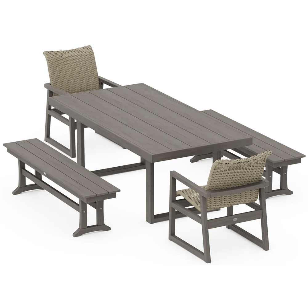 POLYWOOD® EDGE Woven 5-Piece Dining Set with Benches - PWS2883-1