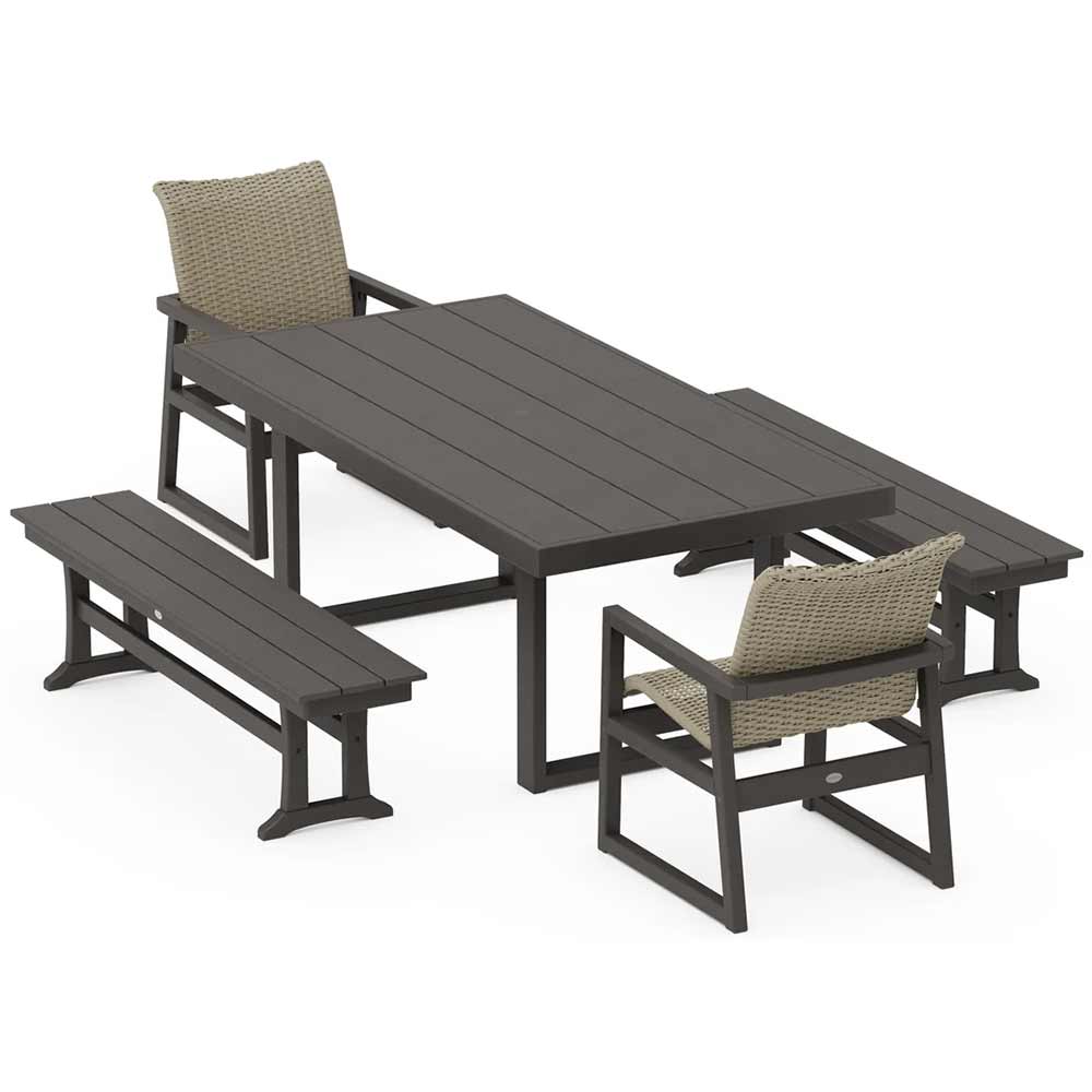POLYWOOD® EDGE Woven 5-Piece Dining Set with Benches - PWS2883-1