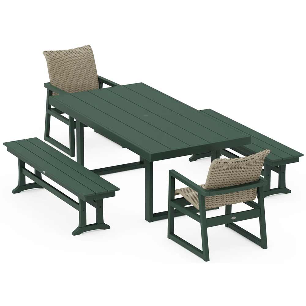 POLYWOOD® EDGE Woven 5-Piece Dining Set with Benches - PWS2883-1
