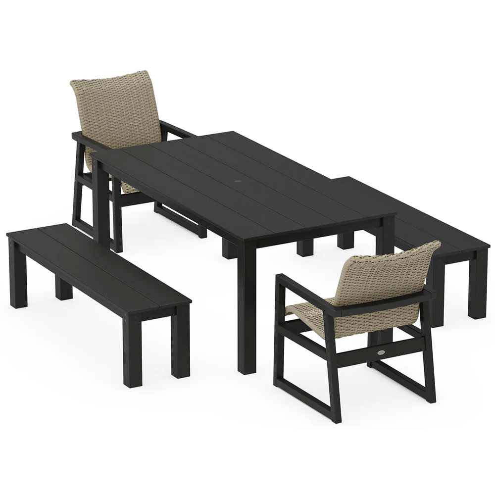 POLYWOOD® EDGE Woven 5-Piece Parsons Dining Set with Benches - PWS2891-1