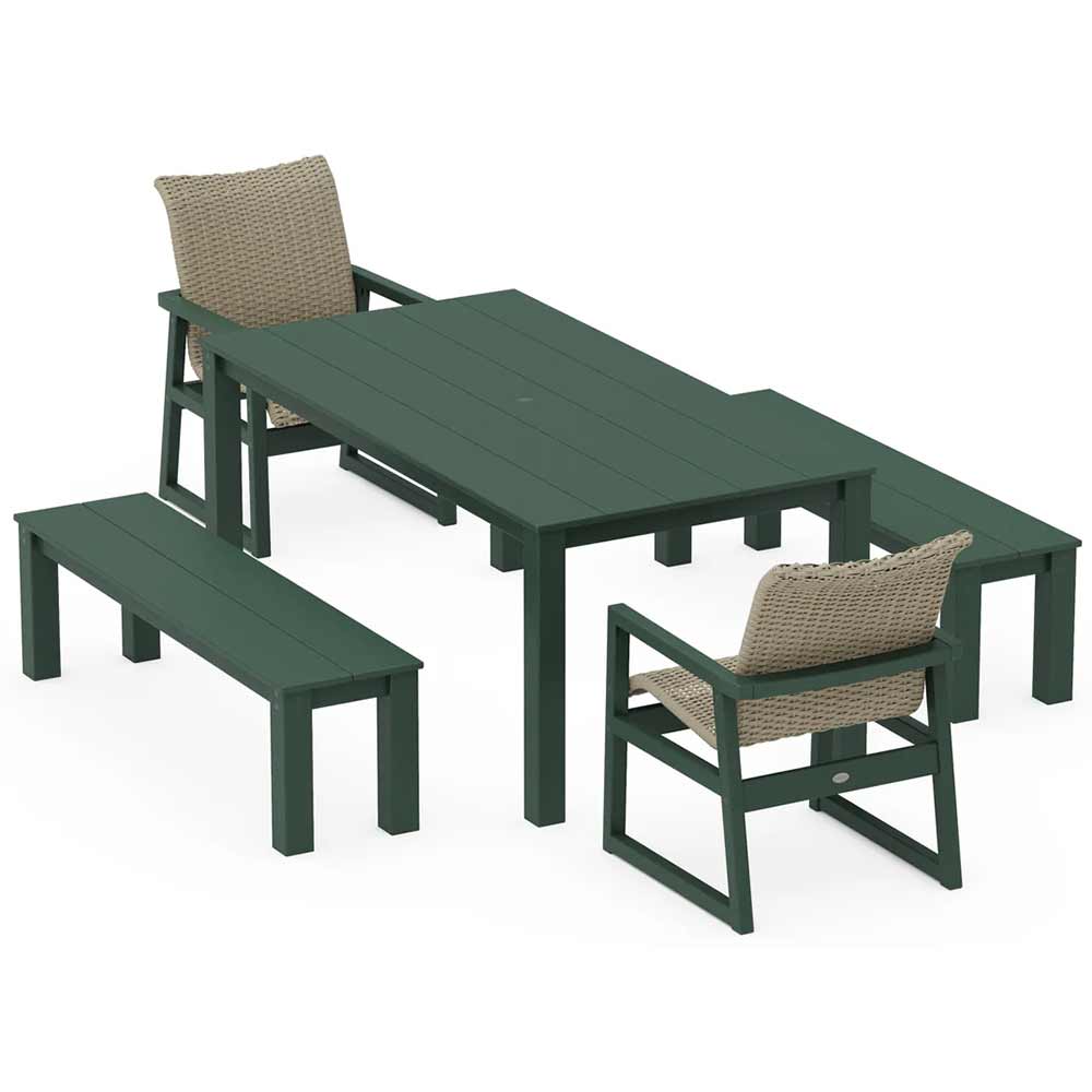 POLYWOOD® EDGE Woven 5-Piece Parsons Dining Set with Benches - PWS2891-1