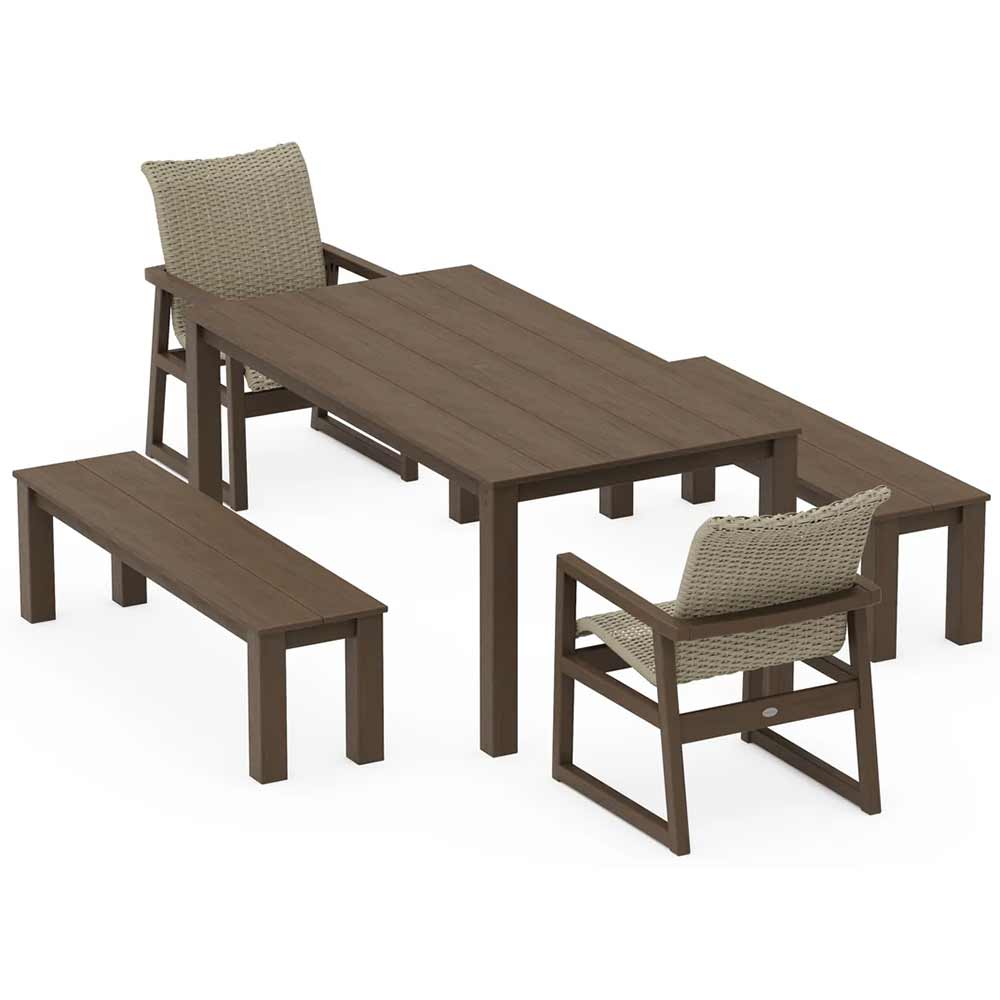 POLYWOOD® EDGE Woven 5-Piece Parsons Dining Set with Benches - PWS2891-1