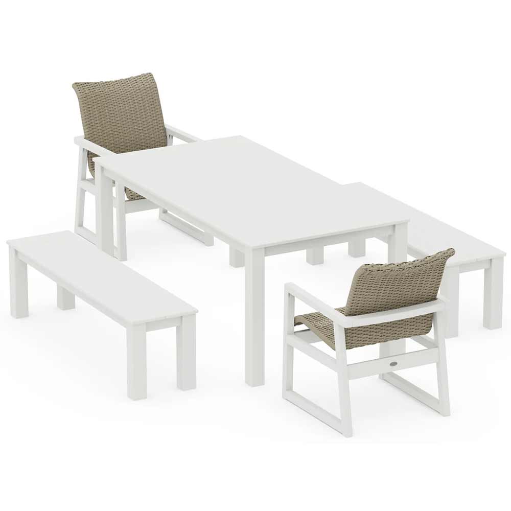 POLYWOOD® EDGE Woven 5-Piece Parsons Dining Set with Benches - PWS2891-1