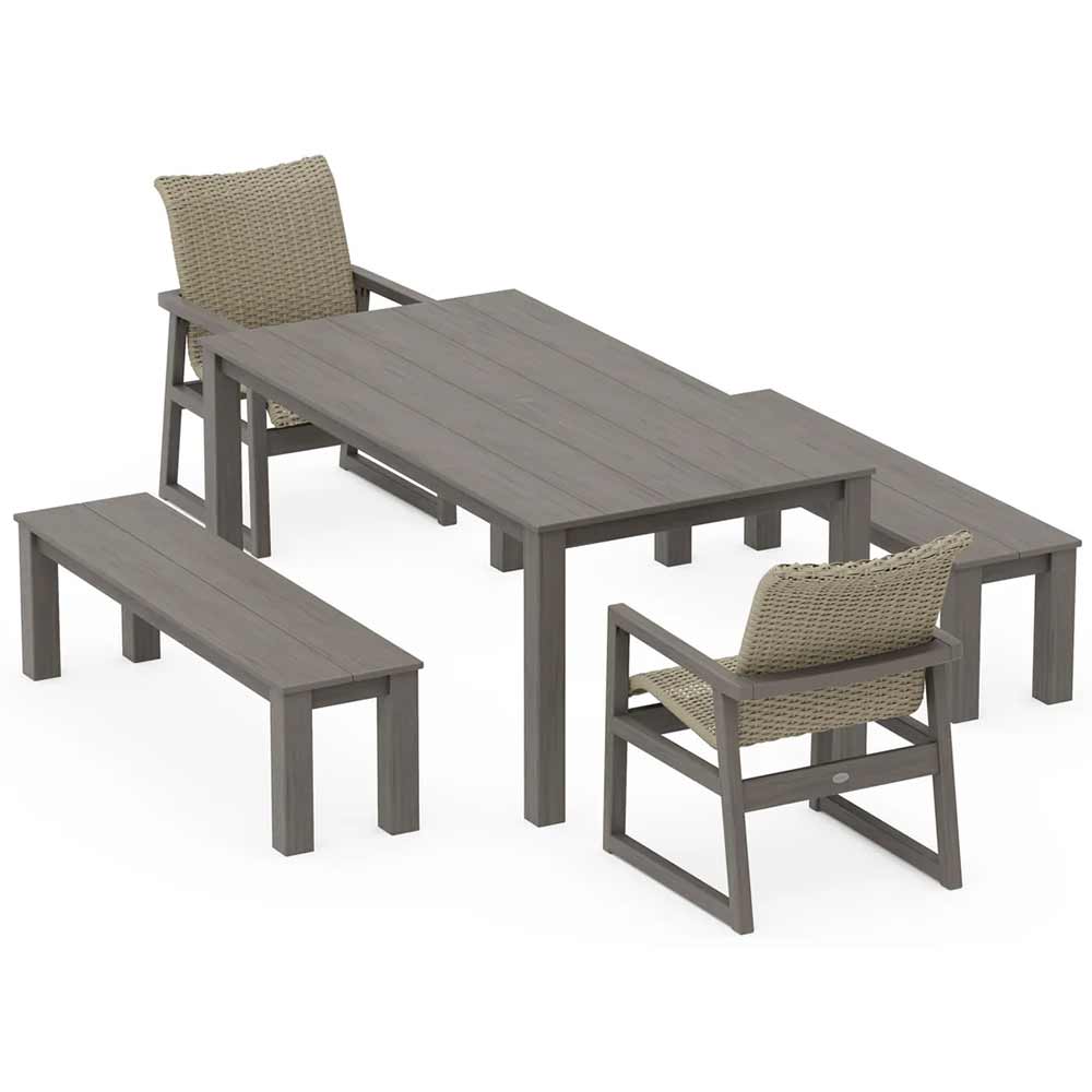 POLYWOOD® EDGE Woven 5-Piece Parsons Dining Set with Benches - PWS2891-1