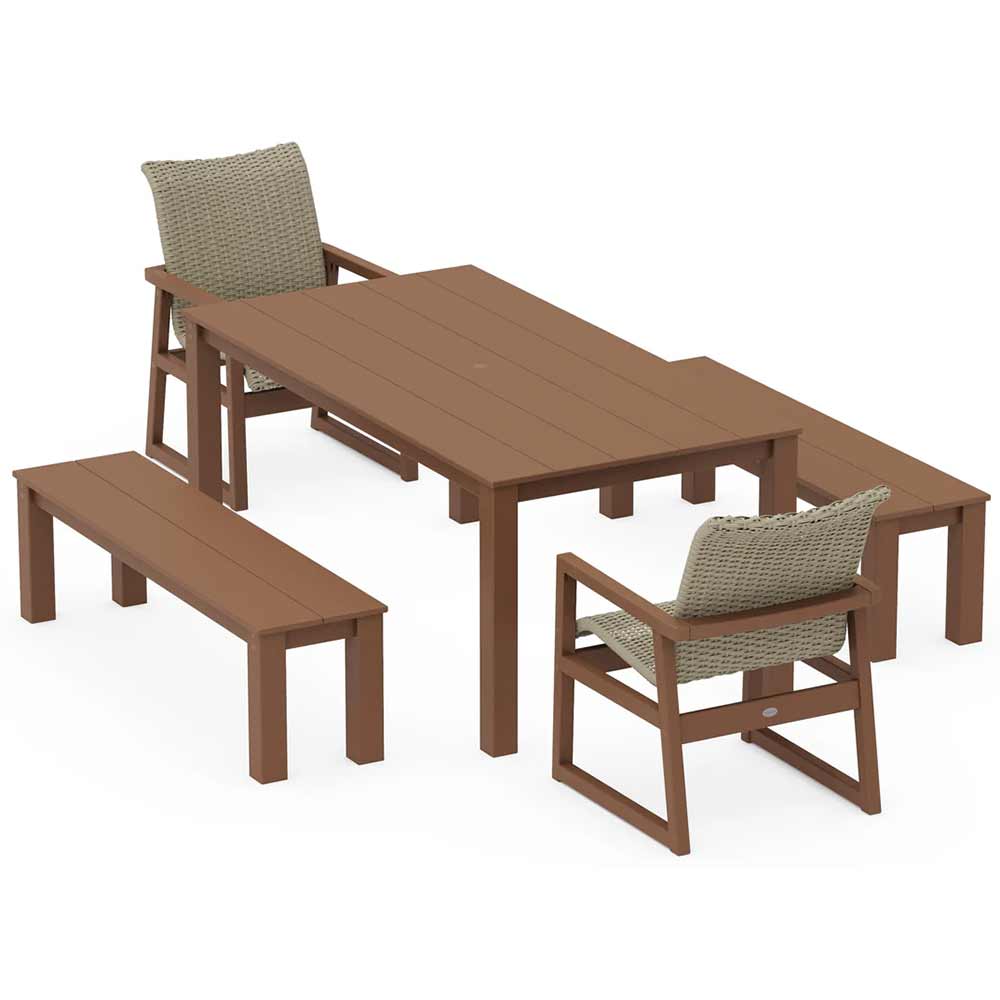 POLYWOOD® EDGE Woven 5-Piece Parsons Dining Set with Benches - PWS2891-1