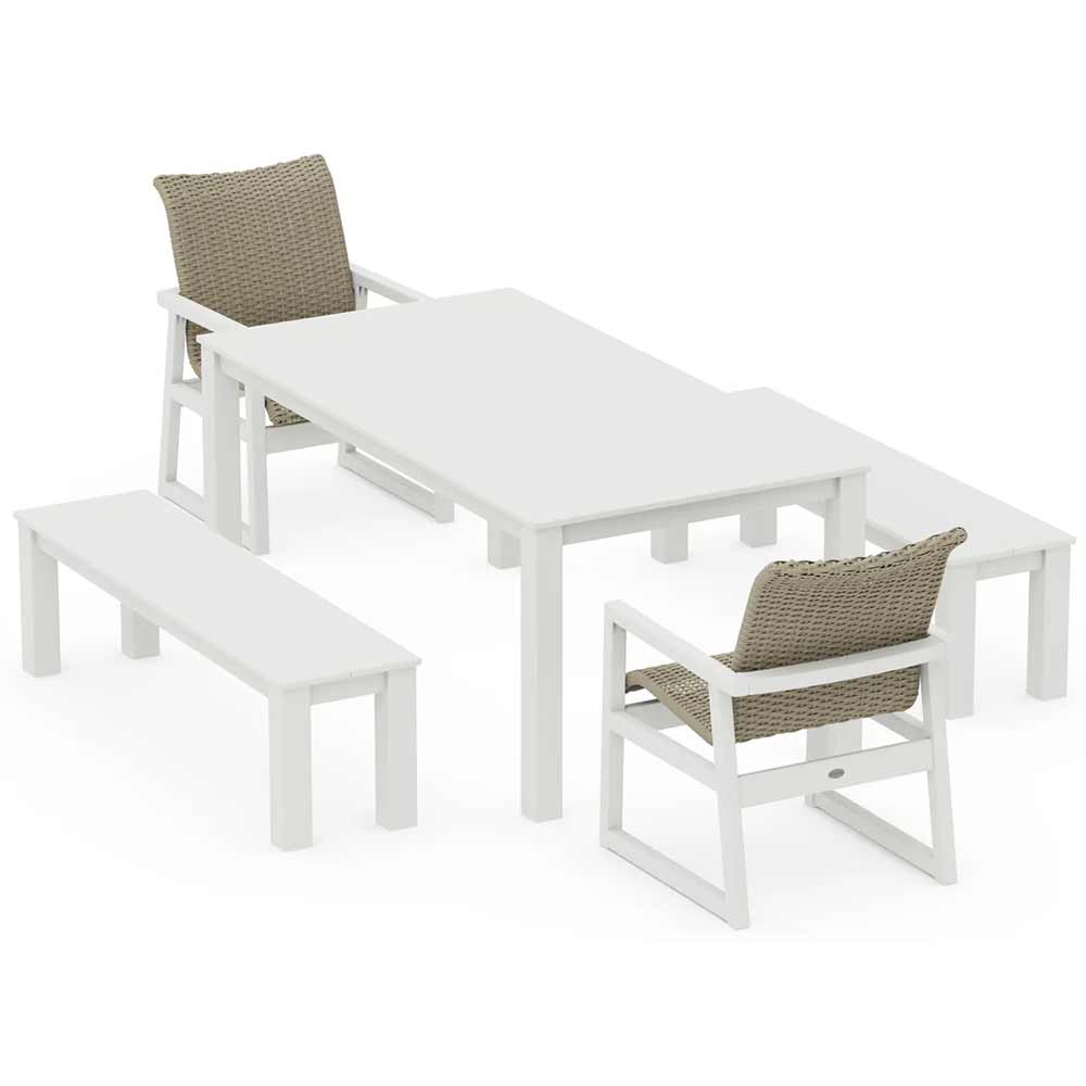 POLYWOOD® EDGE Woven 5-Piece Parsons Dining Set with Benches - PWS2891-1