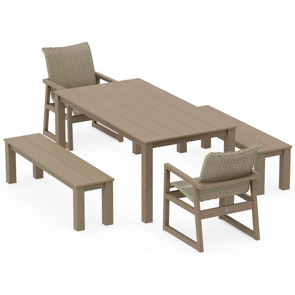 POLYWOOD® EDGE Woven 5-Piece Parsons Dining Set with Benches - PWS2891-1