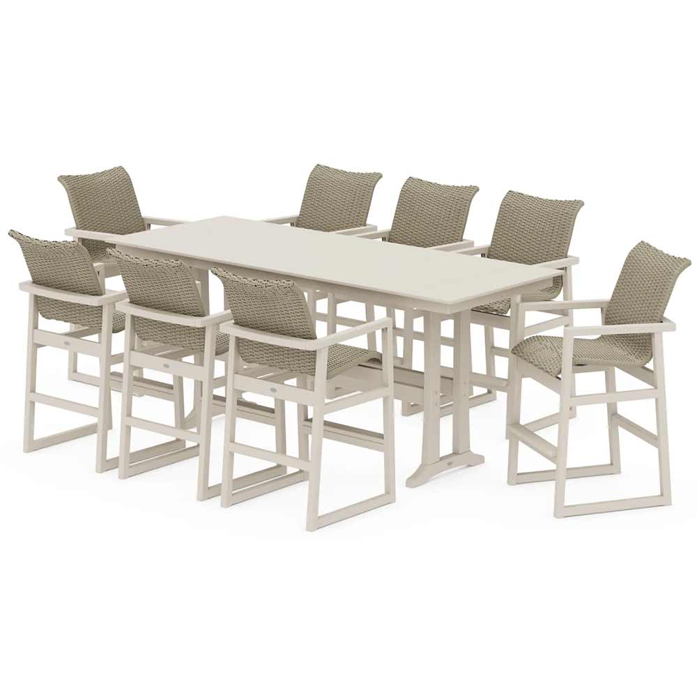 POLYWOOD® EDGE Woven 9-Piece Farmhouse Bar Set with Trestle Legs - PWS2893-1