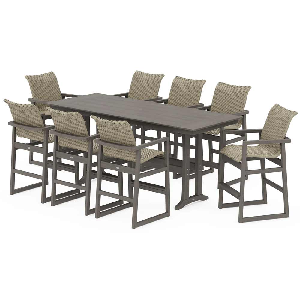 POLYWOOD® EDGE Woven 9-Piece Farmhouse Bar Set with Trestle Legs - PWS2893-1