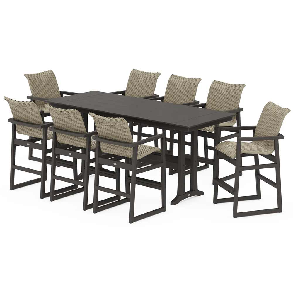 POLYWOOD® EDGE Woven 9-Piece Farmhouse Bar Set with Trestle Legs - PWS2893-1