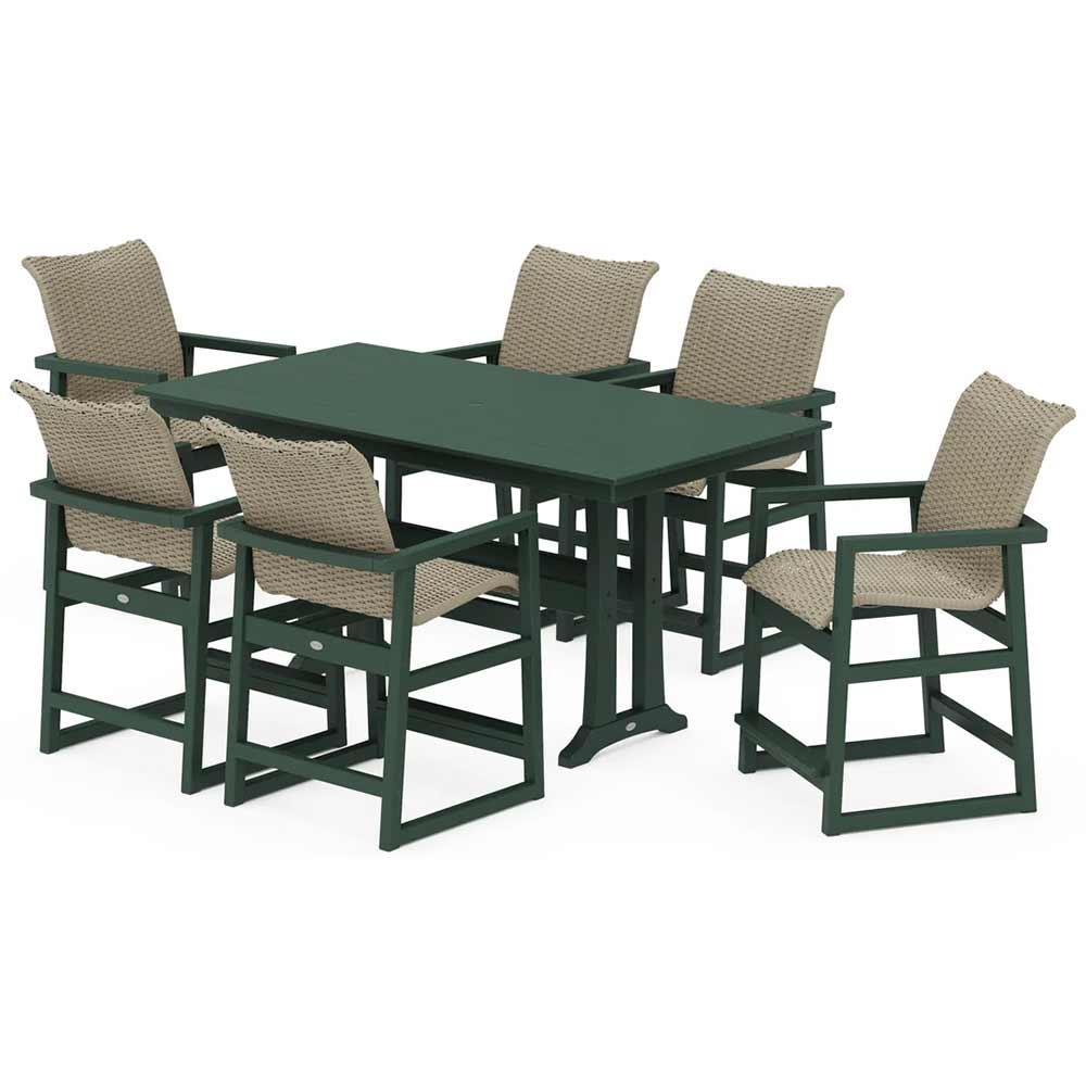 POLYWOOD® EDGE Woven Arm Chair 7-Piece Farmhouse Counter Set with Trestle Legs - PWS2905-1