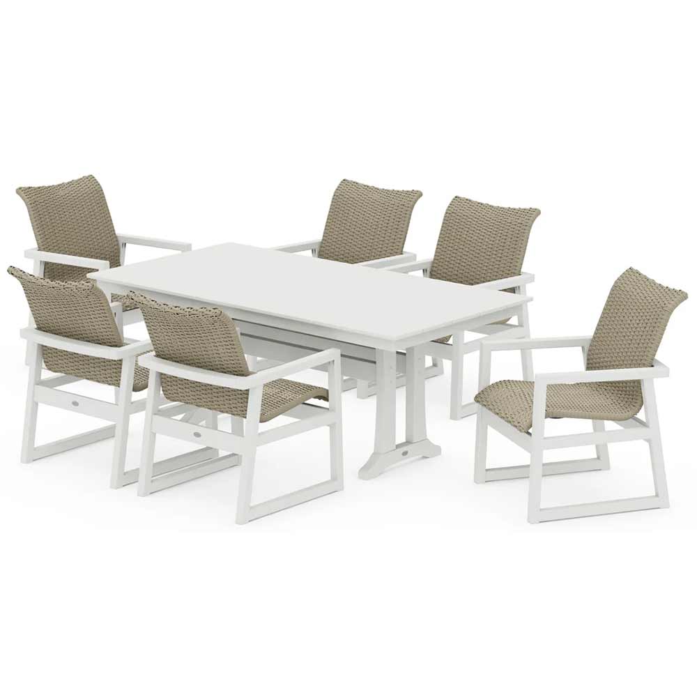 POLYWOOD® EDGE Woven Arm Chair 7-Piece Farmhouse Dining Set with Trestle Legs - PWS2879-1