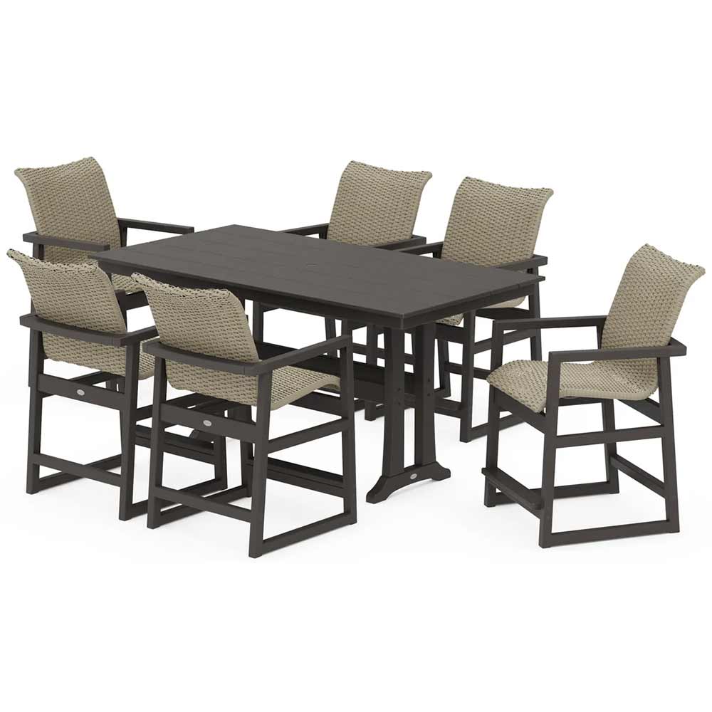 POLYWOOD® EDGE Woven Arm Chair 7-Piece Farmhouse Counter Set with Trestle Legs - PWS2905-1