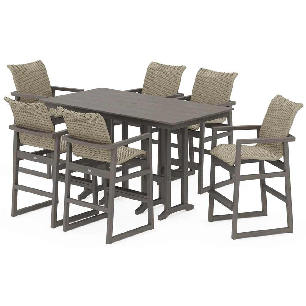 POLYWOOD® EDGE Woven Arm Chair 7-Piece Farmhouse Bar Set - PWS3333-1