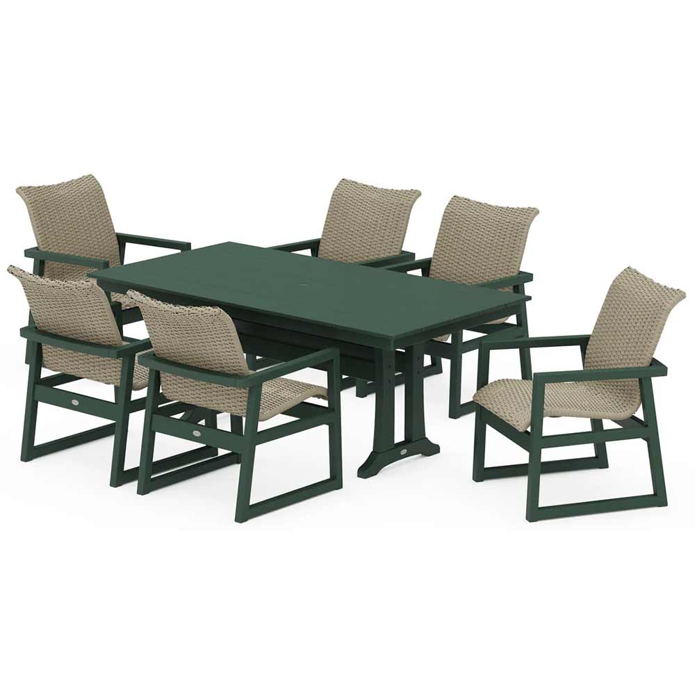 POLYWOOD® EDGE Woven Arm Chair 7-Piece Farmhouse Dining Set with Trestle Legs - PWS2879-1
