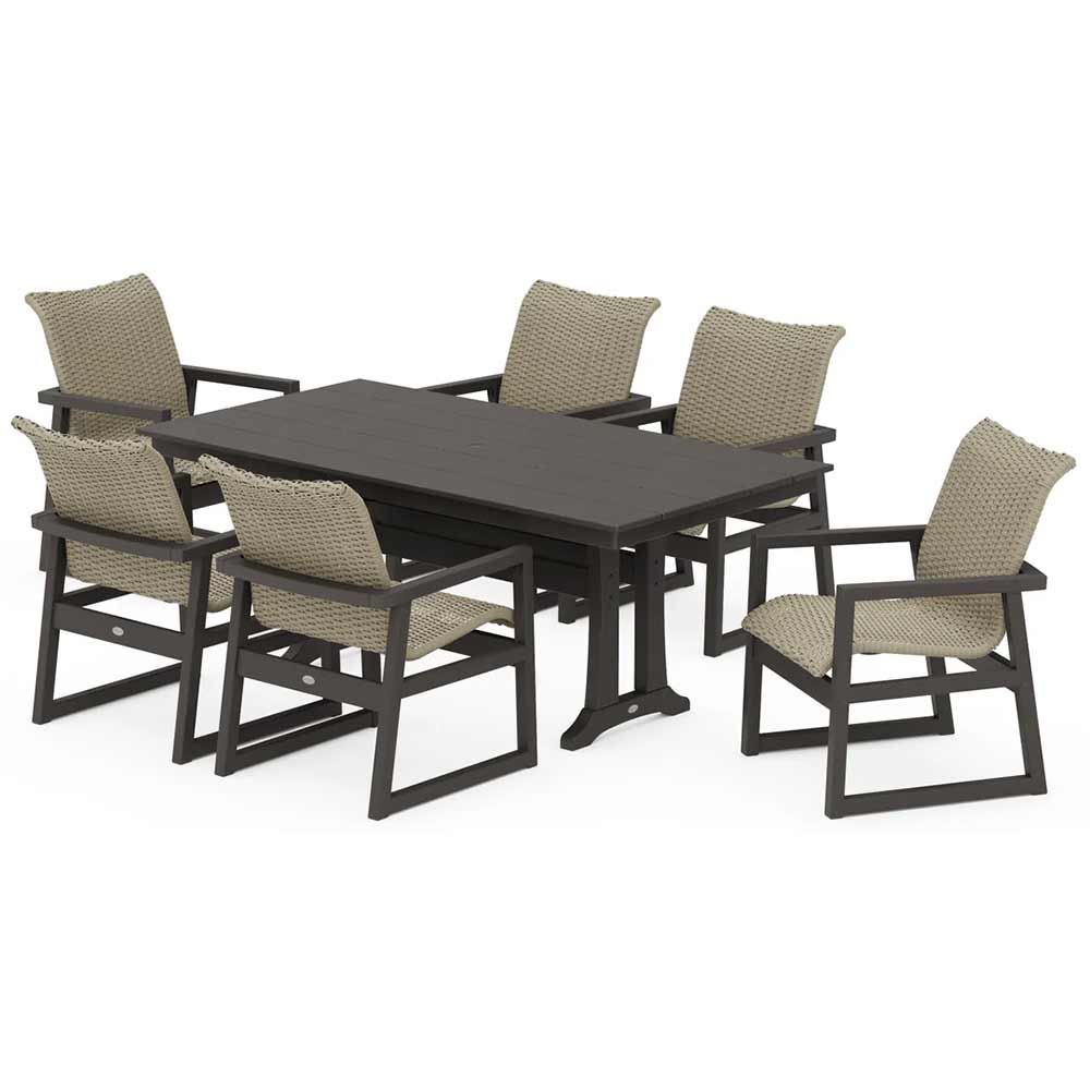 POLYWOOD® EDGE Woven Arm Chair 7-Piece Farmhouse Dining Set with Trestle Legs - PWS2879-1