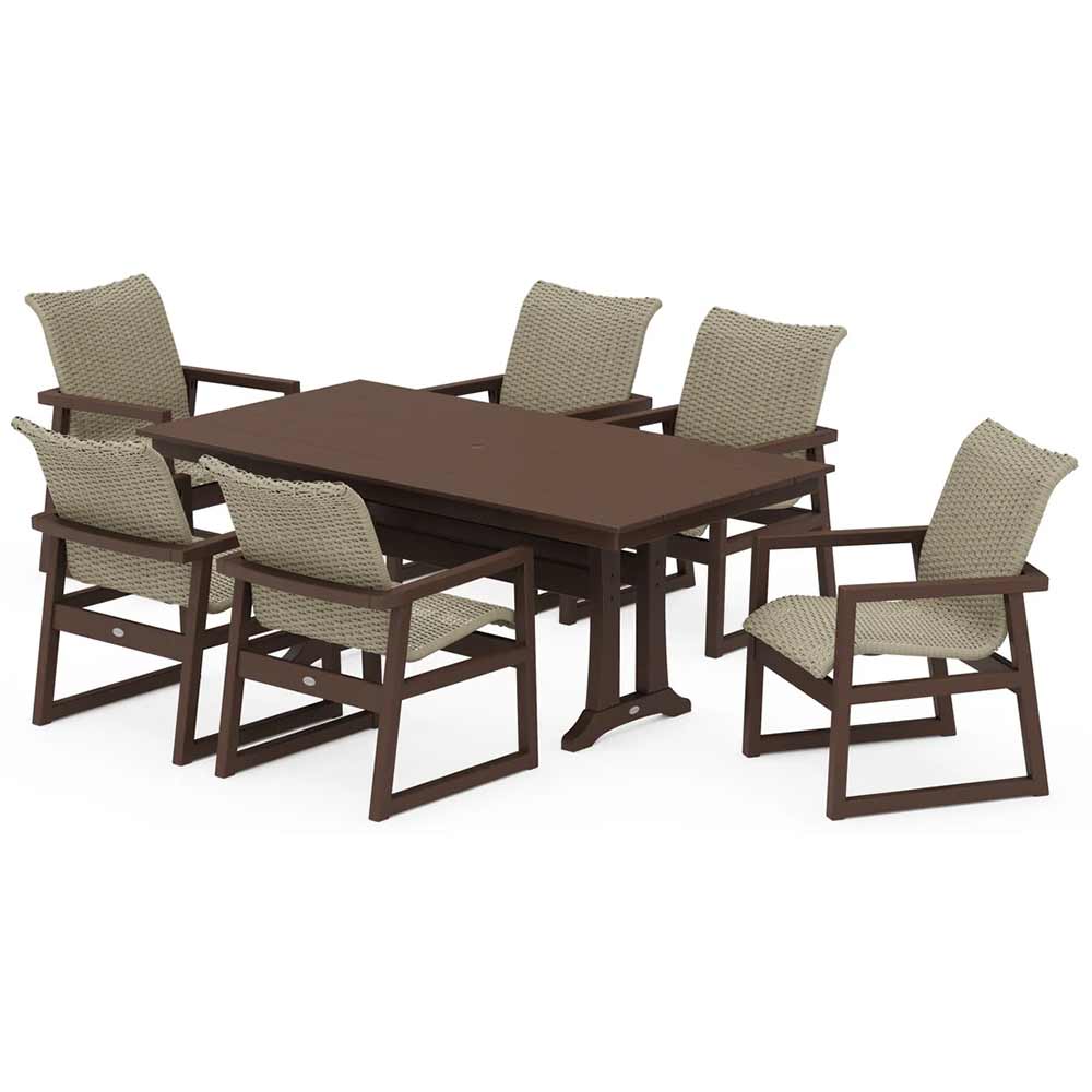 POLYWOOD® EDGE Woven Arm Chair 7-Piece Farmhouse Dining Set with Trestle Legs - PWS2879-1