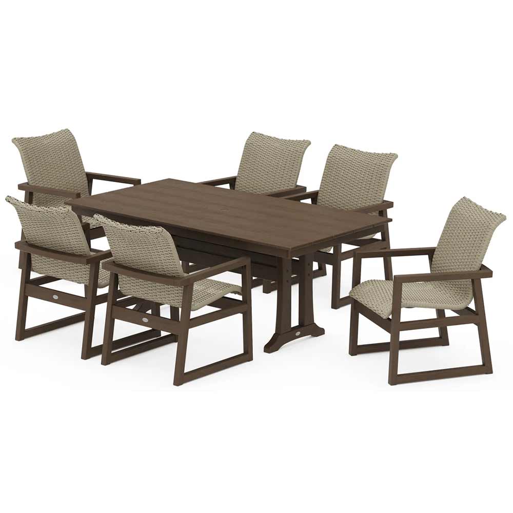 POLYWOOD® EDGE Woven Arm Chair 7-Piece Farmhouse Dining Set with Trestle Legs - PWS2879-1