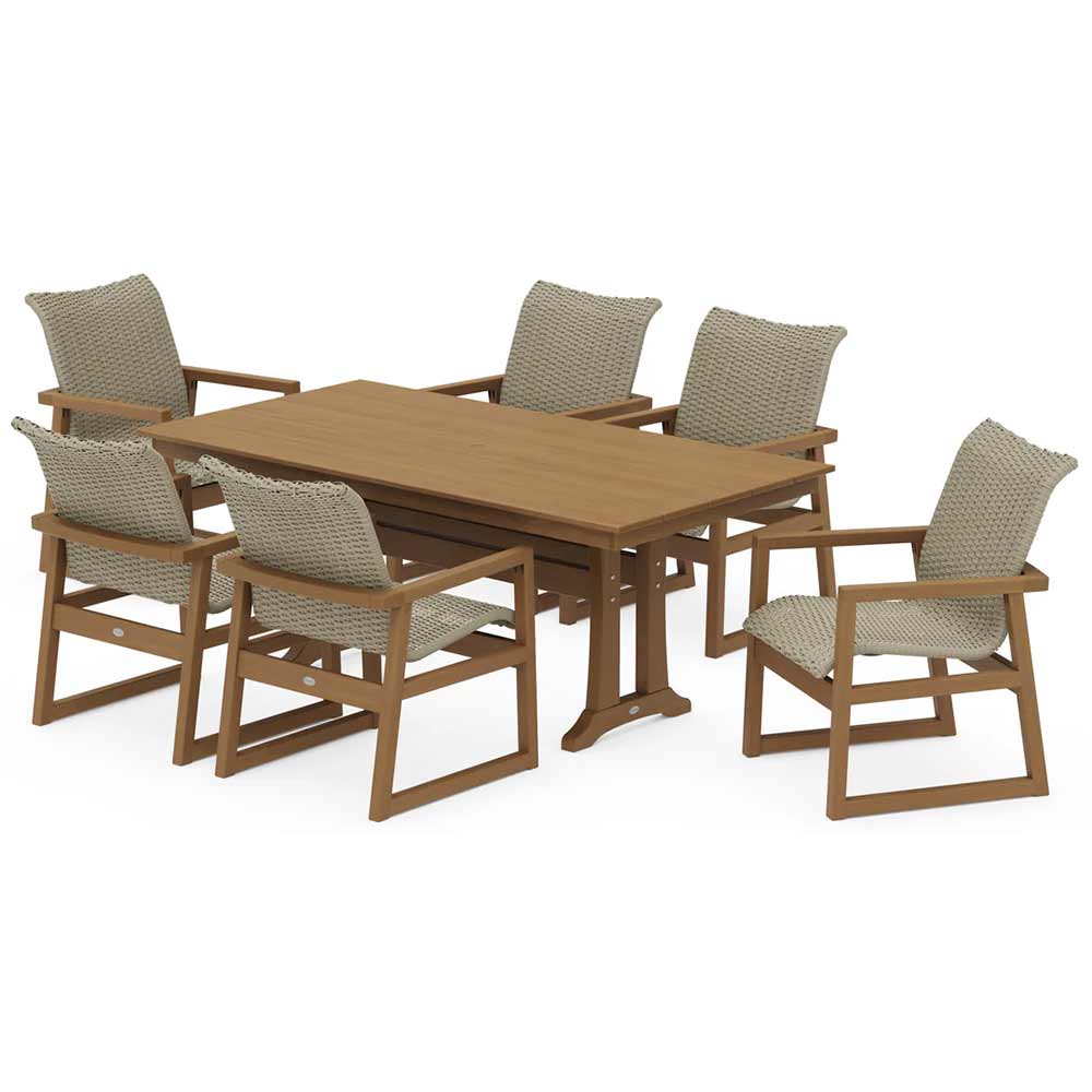 POLYWOOD® EDGE Woven Arm Chair 7-Piece Farmhouse Dining Set with Trestle Legs - PWS2879-1