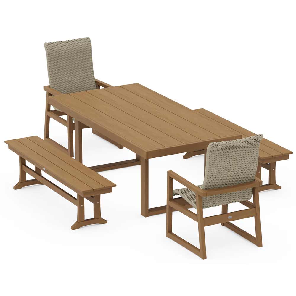 POLYWOOD® EDGE Woven Highback 5-Piece Dining Set with Benches - PWS2886-1