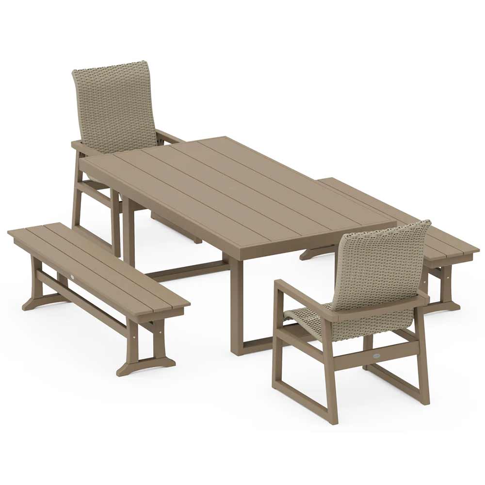 POLYWOOD® EDGE Woven Highback 5-Piece Dining Set with Benches - PWS2886-1