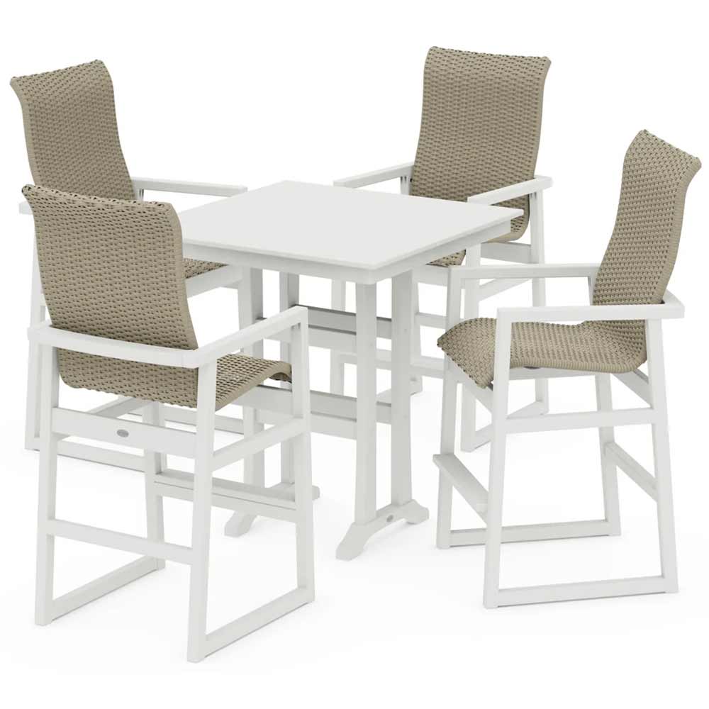 POLYWOOD® EDGE Woven Highback 5-Piece Farmhouse Bar Set with Trestle Legs - PWS2917-1