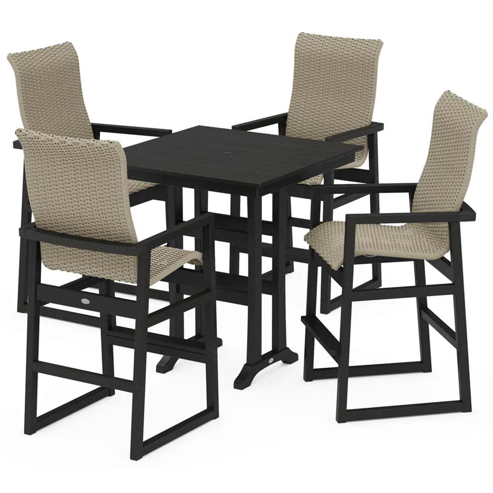 POLYWOOD® EDGE Woven Highback 5-Piece Farmhouse Bar Set with Trestle Legs - PWS2917-1
