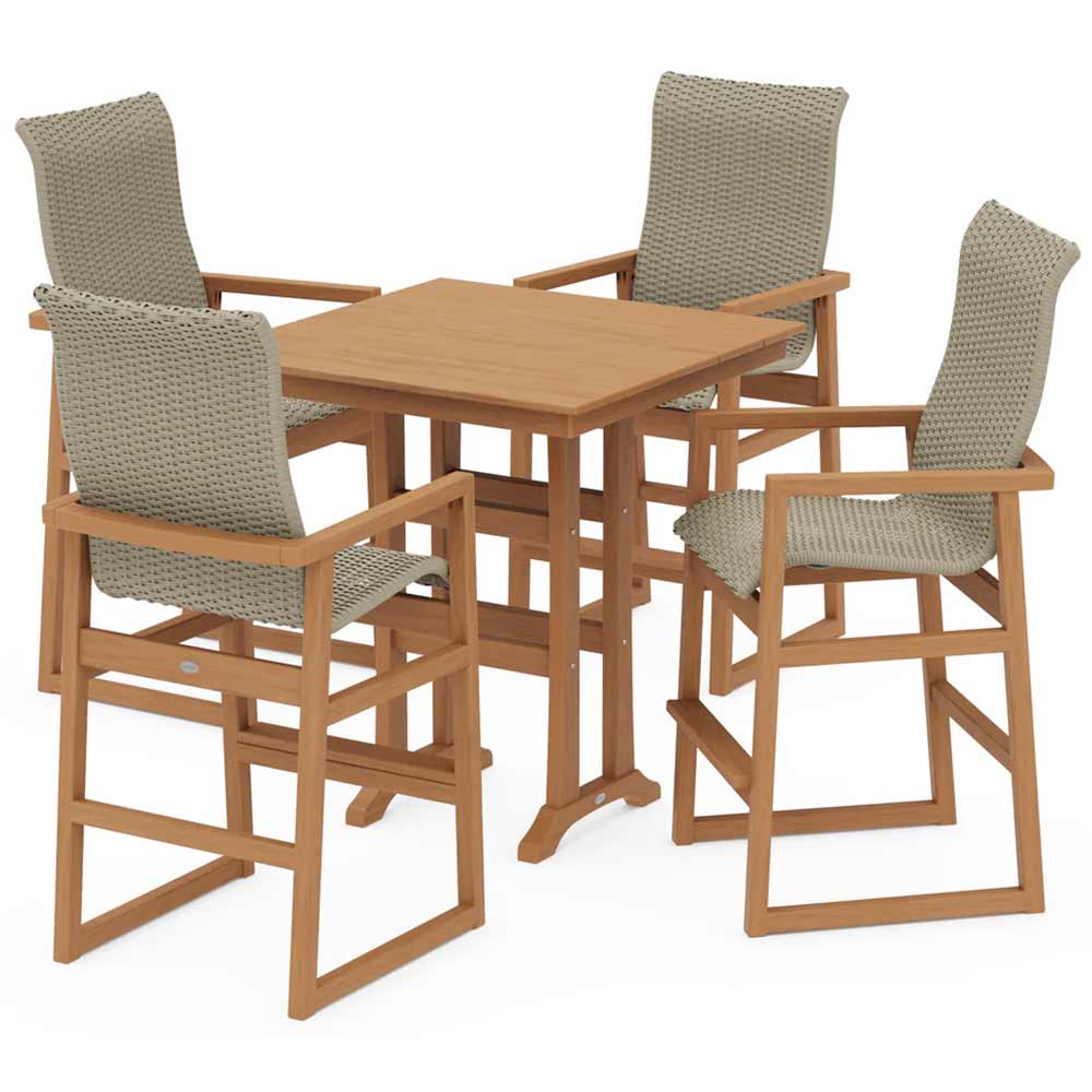 POLYWOOD® EDGE Woven Highback 5-Piece Farmhouse Bar Set with Trestle Legs - PWS2917-1