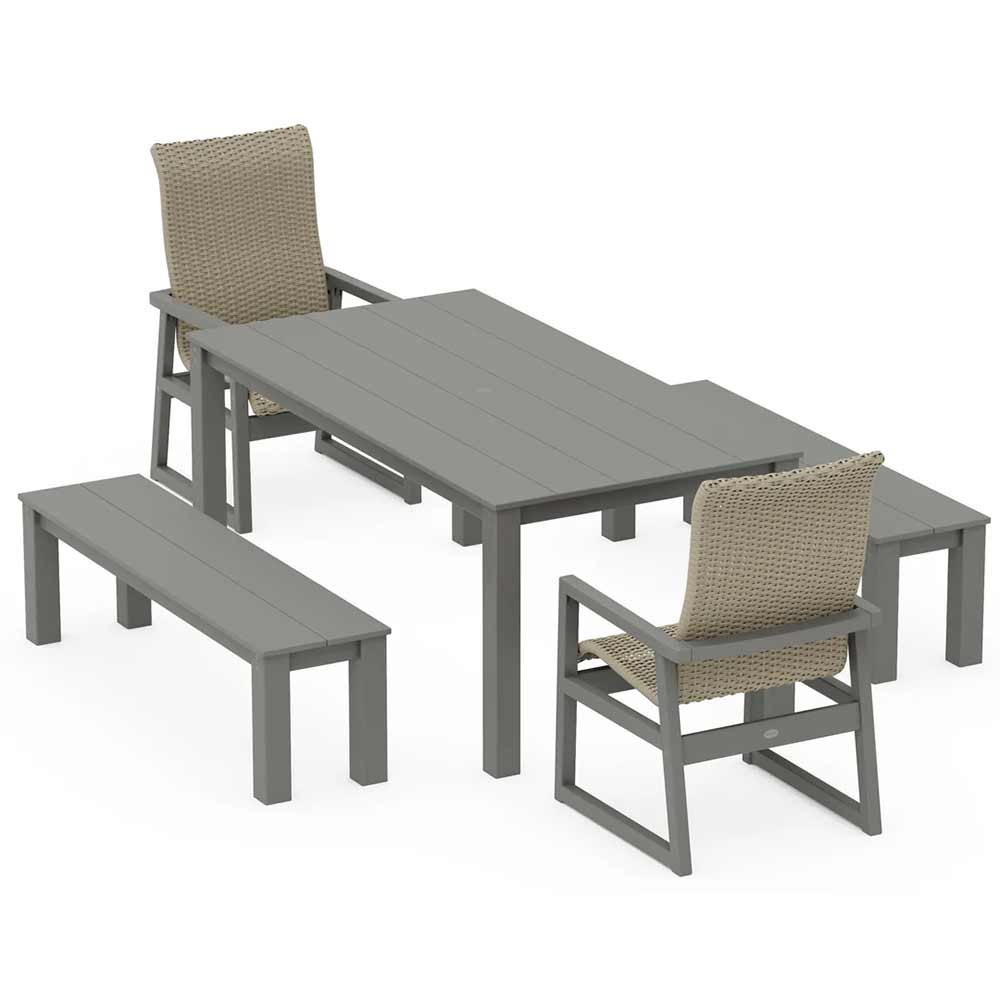 POLYWOOD® EDGE Woven Highback 5-Piece Parsons Dining Set with Benches - PWS2907-1
