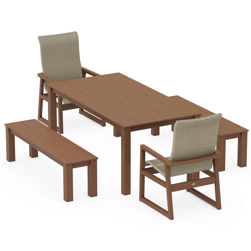 POLYWOOD® EDGE Woven Highback 5-Piece Parsons Dining Set with Benches - PWS2907-1