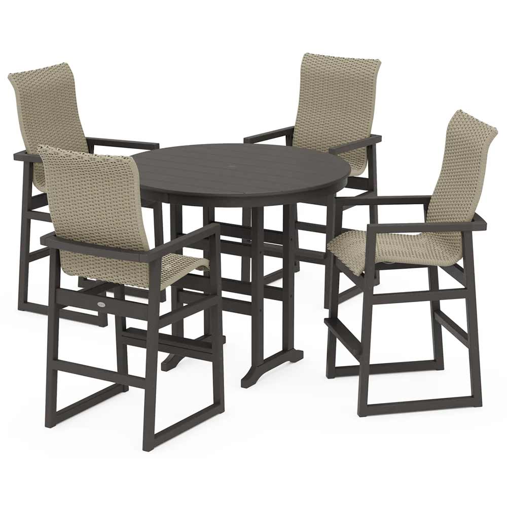 POLYWOOD® EDGE Woven Highback 5-Piece Round Farmhouse Bar Set - PWS3488-1