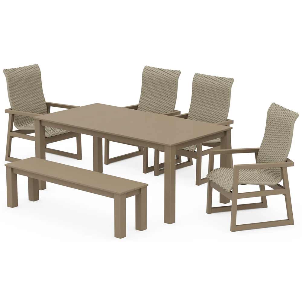 POLYWOOD® EDGE Woven Highback 6-Piece Parsons Dining Set with Bench - PWS2904-1