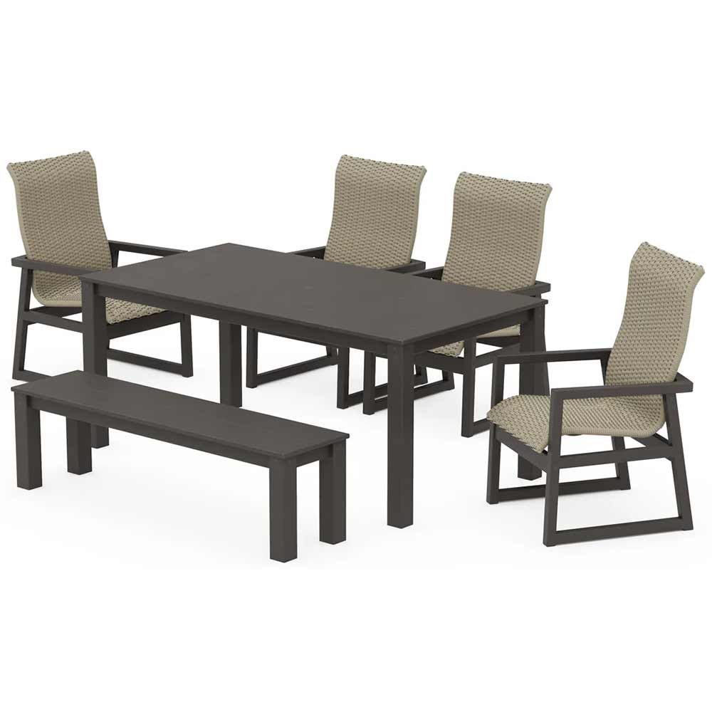 POLYWOOD® EDGE Woven Highback 6-Piece Parsons Dining Set with Bench - PWS2904-1