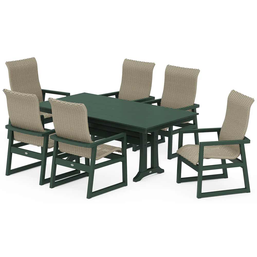 POLYWOOD® EDGE Woven Highback Arm Chair 7-Piece Farmhouse Dining Set with Trestle Legs - PWS2882-1