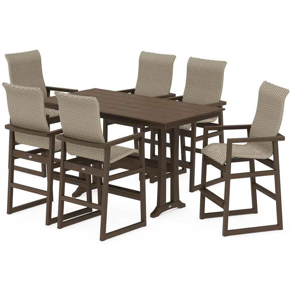 POLYWOOD® EDGE Woven Highback Arm Chair 7-Piece Farmhouse Bar Set with Trestle Legs - PWS2916-1