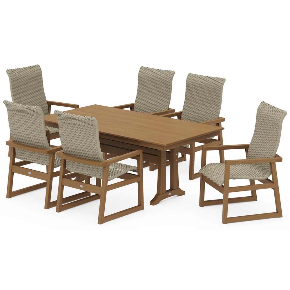 POLYWOOD® EDGE Woven Highback Arm Chair 7-Piece Farmhouse Dining Set with Trestle Legs - PWS2882-1