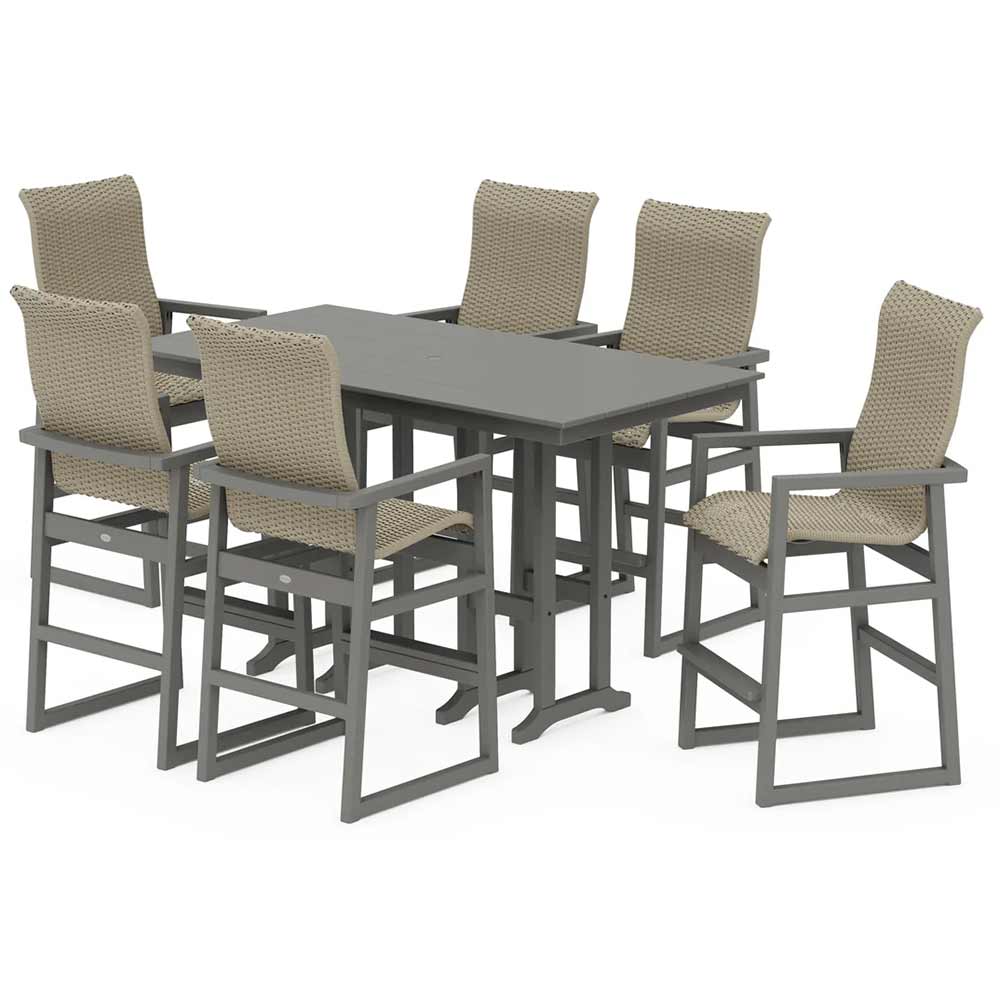POLYWOOD® EDGE Woven Highback Arm Chair 7-Piece Farmhouse Bar Set - PWS3489-1