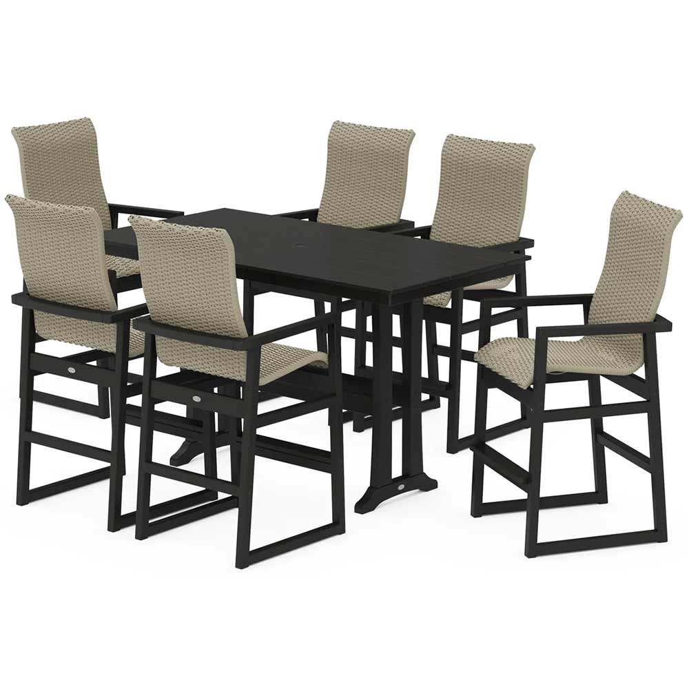 POLYWOOD® EDGE Woven Highback Arm Chair 7-Piece Farmhouse Bar Set with Trestle Legs - PWS2916-1