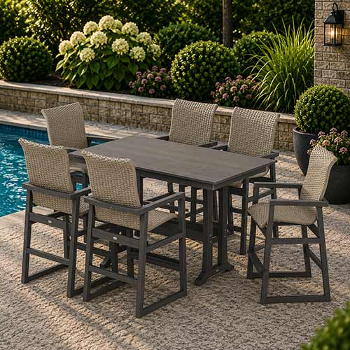 POLYWOOD® EDGE Woven Highback Arm Chair 7-Piece Farmhouse Bar Set with Trestle Legs - PWS2916-1