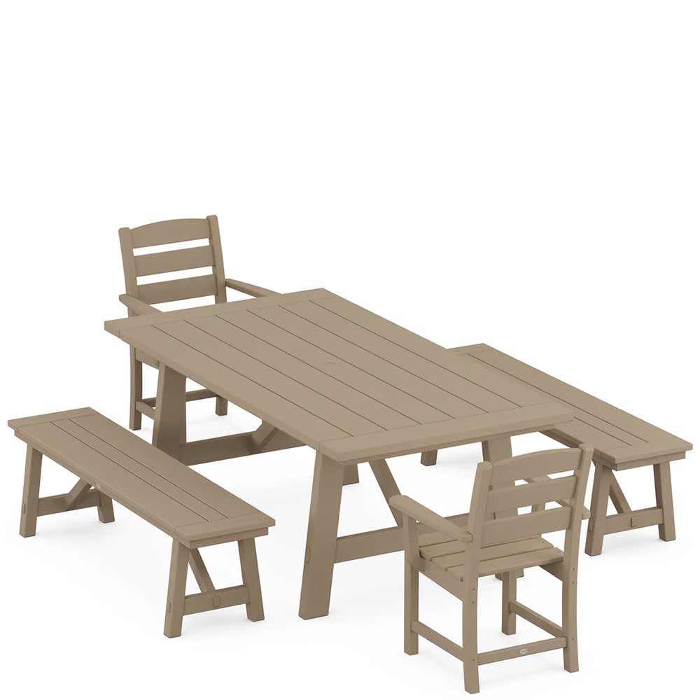 POLYWOOD® Lakeside 5-Piece Rustic Farmhouse Dining Set With Benches - PWS1085-1