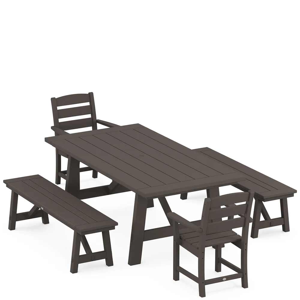 POLYWOOD® Lakeside 5-Piece Rustic Farmhouse Dining Set With Benches - PWS1085-1
