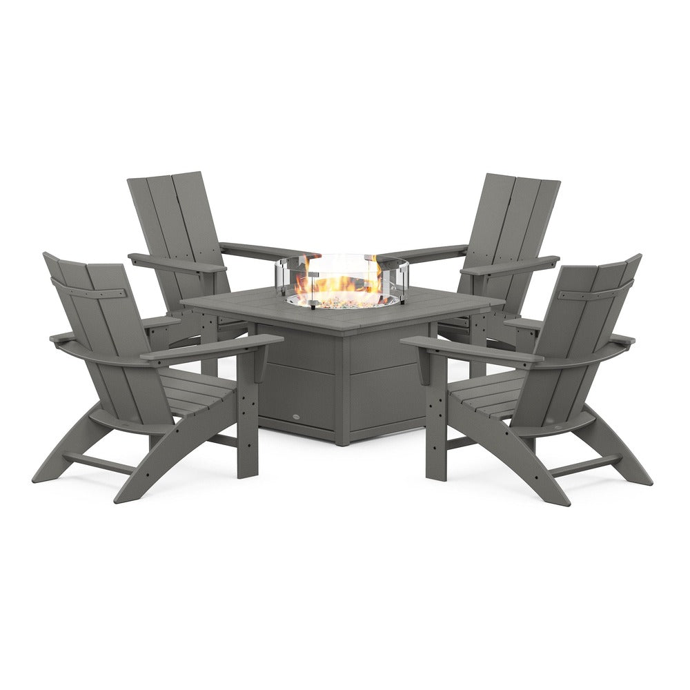 POLYWOOD® Modern Curveback Adirondack 5-Piece Conversation Set with Fire Pit Table - PWS412-1 Fire Table POLYWOOD®