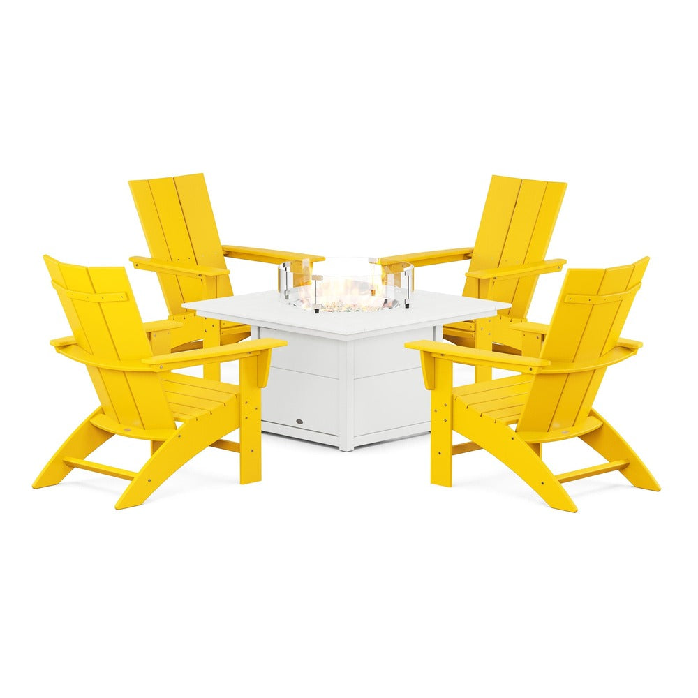 POLYWOOD® Modern Curveback Adirondack 5-Piece Conversation Set with Fire Pit Table - PWS412-1 Fire Table POLYWOOD®